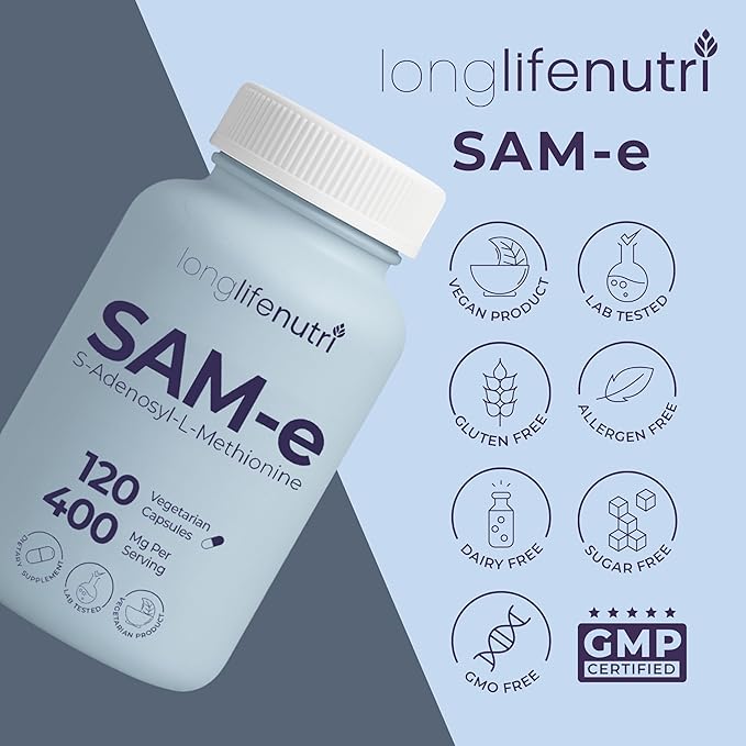 LongLifeNutri SAM-e 400mg – 120 Vegetarian Capsules Methylated S-Adenosylmethionine for Joint Mobility &amp Flexibility 2-Month Supply No Fillers GMP Certified Made in USA