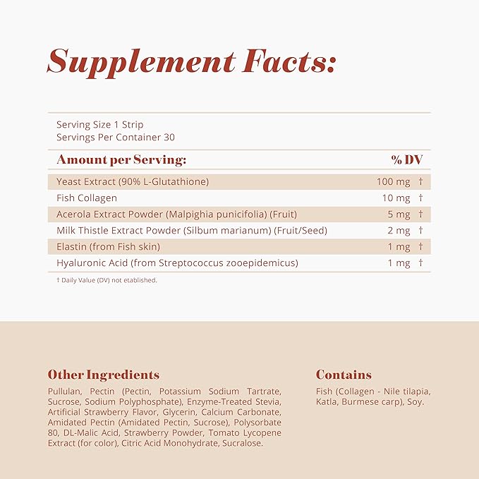 Glutathione Strip (30 Strips) | Collagen Acerola Milk Thistle Hyaluronic Acid Liposomal Glutathione Supplement Fast-Absorption Antioxidants Korean Skin Care