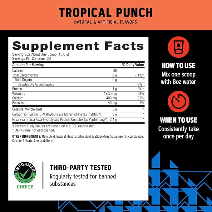 GNC AMP Creabolic - Creatine Monohydrate Powder - High-Potency 5g Creatine with HMB &amp PeptiStrong - Triple Action Muscle Formula - No Added Sugars - Tropical Punch - 30 Servings