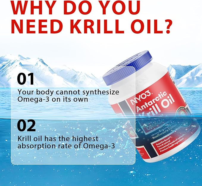 NYO3 Krill Oil Omega 3 Supplement 1000mg 270 Softgels EPA &amp DHA Pure Antarctic Krill Oil with Astaxanthin and 56% Phospholipids Laboratory Tested