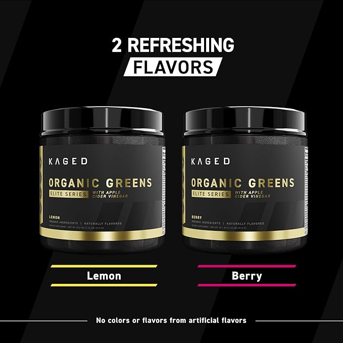 Kaged Organic Greens Elite Superfood and Greens Powder with Apple Cider Vinegar Adaptogen Prebiotics Vitamins &amp Minerals Berry 30 Servings