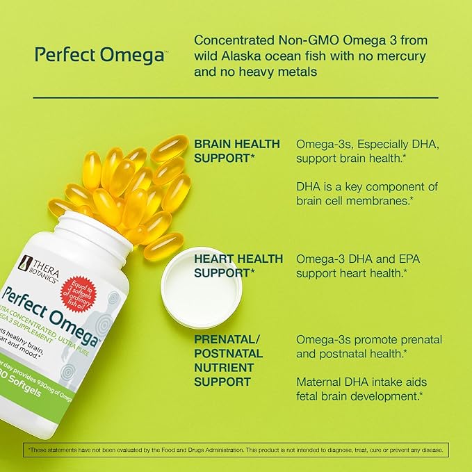 Therabotanics Perfect Omega Fish Oil Supplement EPA &amp DHA – High Absorption Concentrated Omega 3 for Heart Brain Eye &amp Metabolic Health - Alaskan Fish Oil Softgels - 30 Count (Pack of 1)