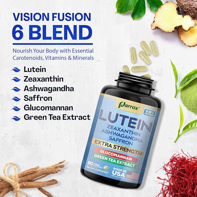 Lutein Supplement with Zeaxanthin Ashwagandha Saffron Green Tea Extract Glucomannan Eye Vitamins for Adults Vision Health Supplement Plant-Based Formula for Daily Support (60 Caps)