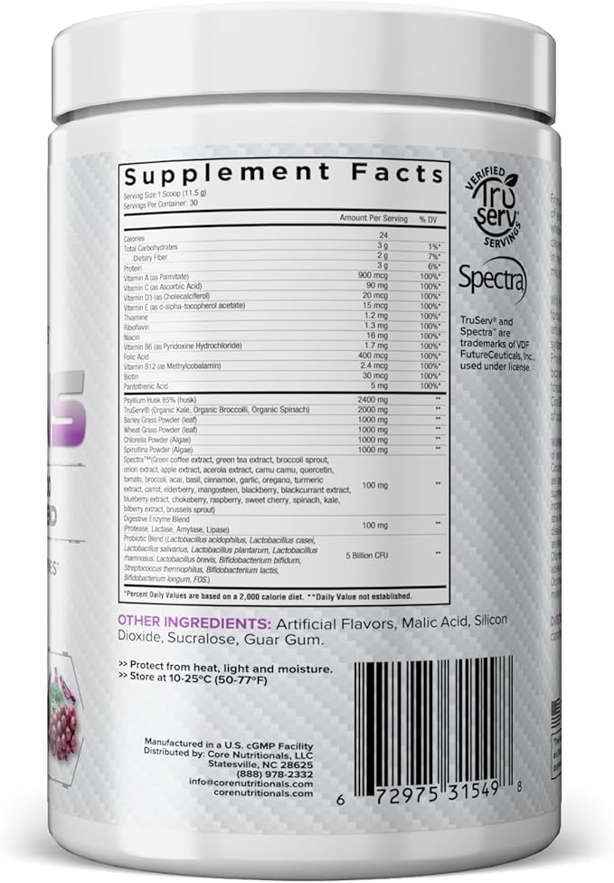 Core Nutritionals Greens | Premium Superfood Reds &amp Greens Blend | 5 Billion CFU Probiotics Digestive Enzymes &amp Antioxidants | 30 Servings (Grape Candy)