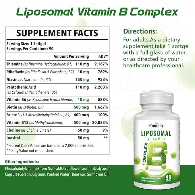 Liposomal B Complex for High Absorption Methylated B12L-Methyfolate(5-MTHF )Full Active B Vitamins with Choline Inositol-Energy MetabolismBrain &amp Heart SupportVegan Non-GMO3 Month Supply
