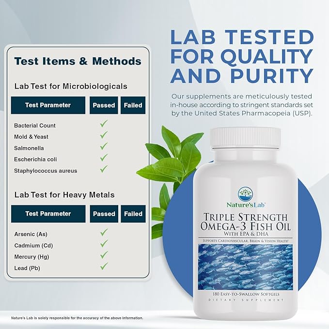 Nature's Lab Triple Strength Omega-3 Fish Oil with EPA &amp DHA - Supports Healthy Brain Function Cognitive Health &amp Circulation - 180 Softgels (3 Month Supply)