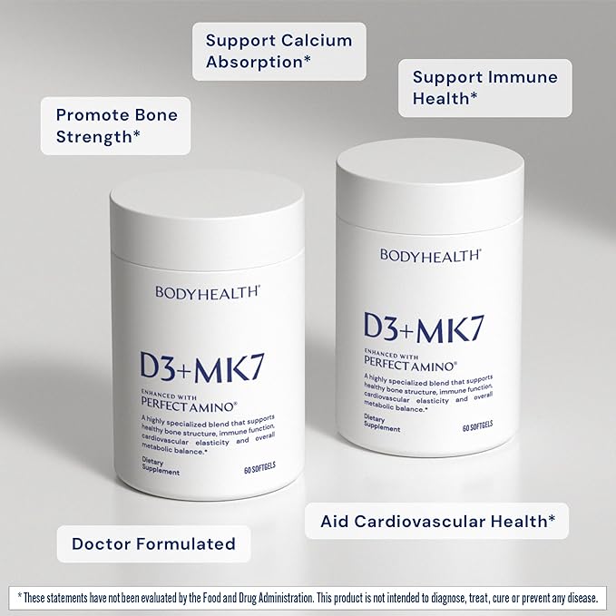 BodyHealth D3 + MK7 - Vitamin D3 5000IU Vitamin K1 Vitamin K2 - Easy to Swallow Supplement Supports Bone Strength &amp Calcium Absorbtion* - 60 Softgels