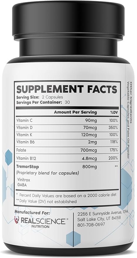Real Science Tremor Miracle Capsules – Tremor Relief Supplement and Hand Tremor Aids for Adults – with TremorStop Blend GABA and Vitamins for Neurotransmission Support – Made in USA 60 Caps