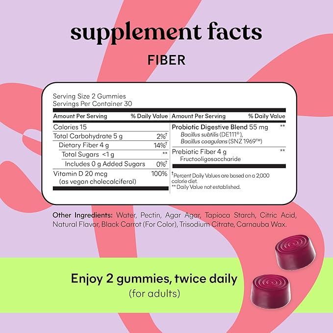 Lemme Fiber &amp Probiotic Gummies for Adults Promotes Regularity &amp Digestive Health No Sugar Added Strawberry Flavor 4g Prebiotic Fiber &amp Clinically Studied Probiotic Strains (60 Count)
