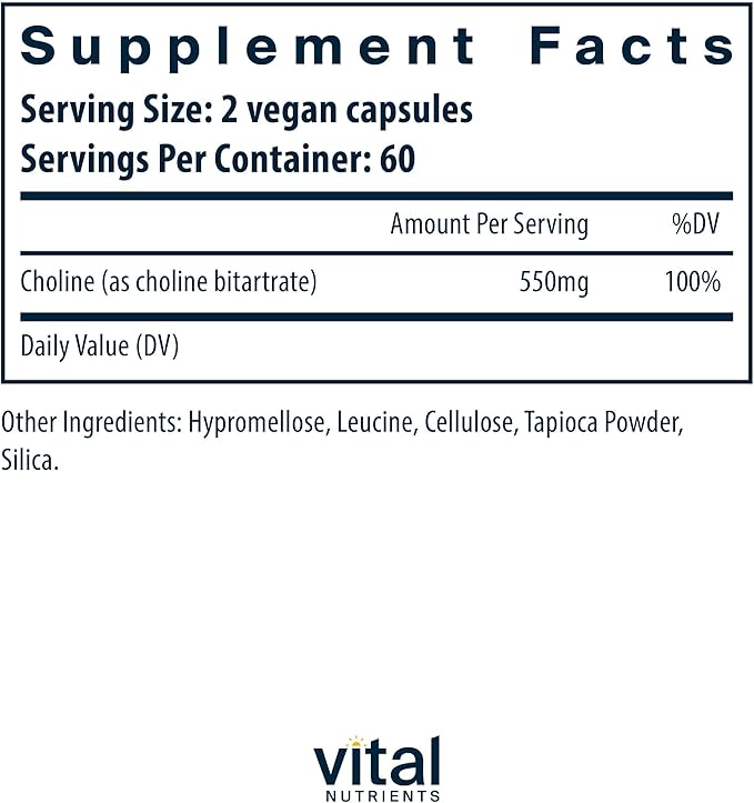 Vital Nutrients Choline 550mg - Vegan Choline Supplements - 100% RDA for Neurological Development and Health* - Gluten Dairy Soy Free - Non-GMO - 120 Capsules
