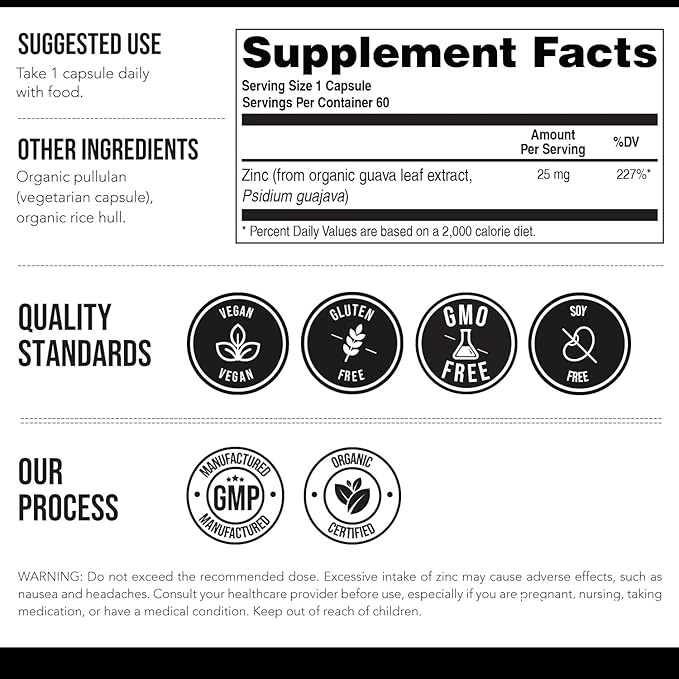Organic Zinc 25 mg | Whole Food zinc Supplements | Derived from Organic Fruit Elemental Zinc - Water Extracted Vegan GMO-Free - Essential Mineral Antioxidant Immune Support Skin - 60 Servings