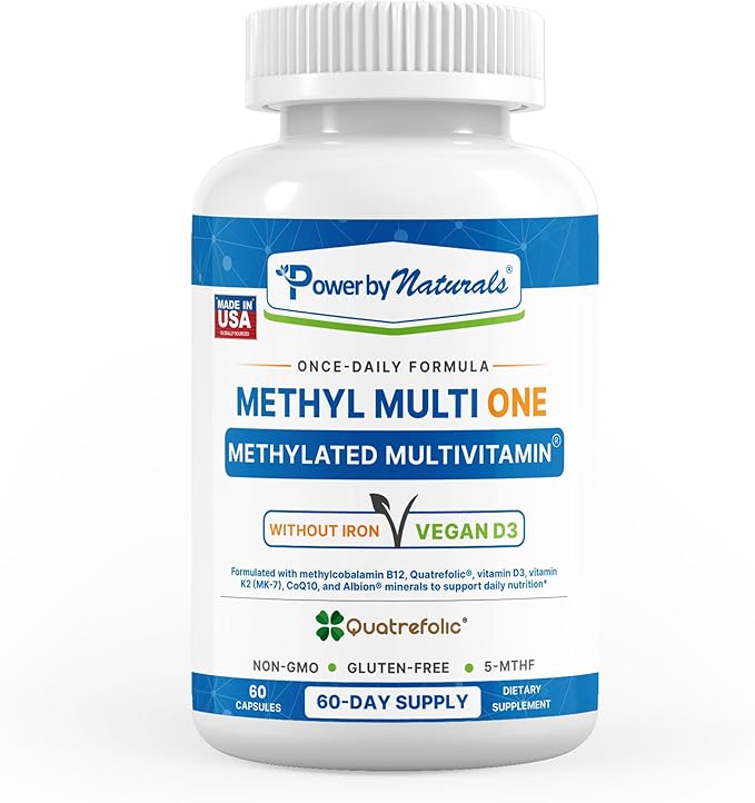 Power By Naturals Methyl Multi One – Iron-Free Methylated Multivitamin with 5-MTHF Methyl B12 &amp CoQ10 – Methylation Support for Men &amp Women – Vegan Non-GMO – 60 Capsules (2-Month Supply)