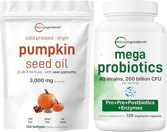 Micro Ingredients Pumpkin Seed Oil with Saw Palmetto 3000mg Softgels &amp Mega Probiotics 200 Billion CFU Veggie Capsules | 2 Pack | Cold Pressed Virgin Oil | 40 Strains + Inulin Acacia &amp Brom
