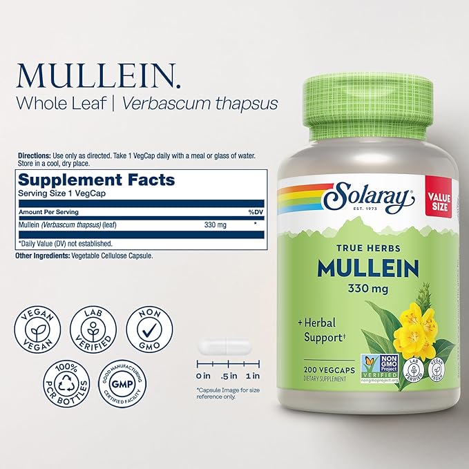 SOLARAY Mullein Leaf 330 mg - Soothing Herbal Support - Mullein Capsules Traditionally Used to Support Health and Wellness - Vegan Non-GMO Lab Verified 60-Day Guarantee 200 Servings 200 VegCaps