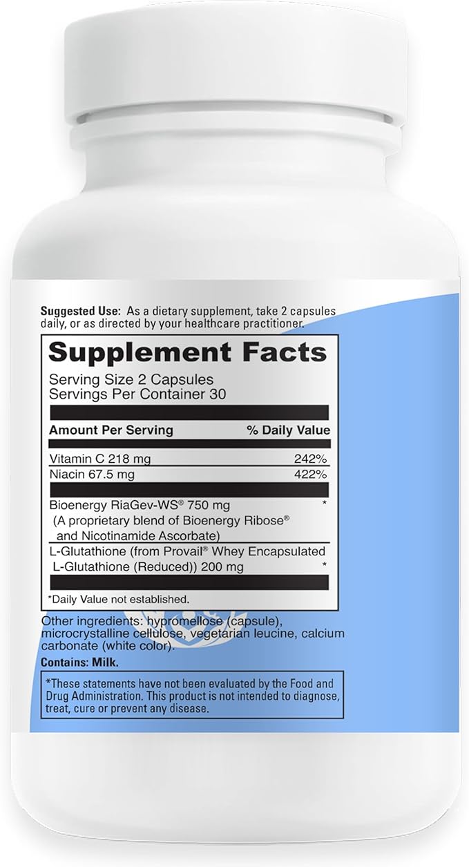 Active NAD+ with Bioavailable Glutathione – Energy Brain &amp Cellular Support Supplement – RiaGev® NAD+ Booster + Provail® Glutathione – 60 Vegetarian Capsules