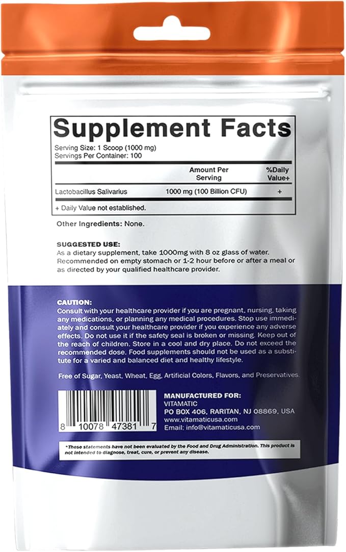 Vitamatic Lactobacillus Salivarius Probiotic Powder - Digestive Support - 100 Gram (3.5 OZ) - 100 Servings
