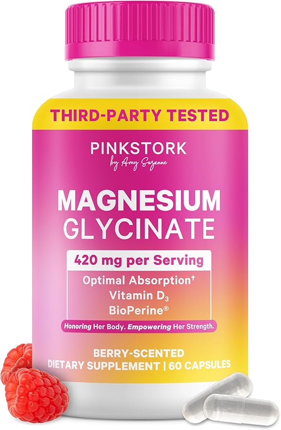 Pink Stork Magnesium Glycinate with Vitamin D - Magnesium Supplement for Women to Support Natural Calm Mood and Sleep - Hormone Balance for Women - 60 Capsules Berry Essence 1 Month Supply