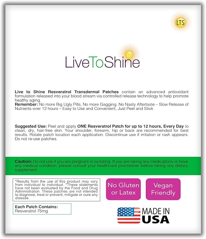 Live To Shine Resveratrol Patch - Transdermal Topical Plant-Based Antioxidant Support for Healthy Aging and Wellness - 30 Patches for Women and Men - USA Made