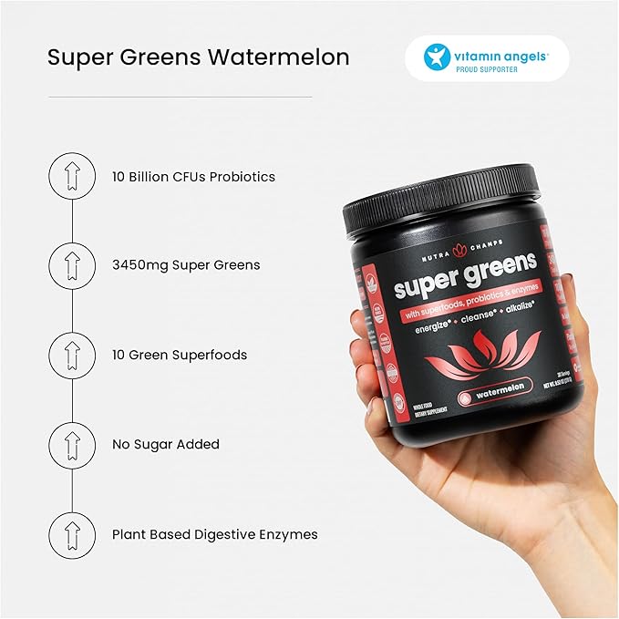 NutraChamps Super Greens Powder Premium Superfood | 20+ Organic Green Veggie Whole Foods | Alfalfa Spirulina Chlorella &amp More | Antioxidant Digestive Enzyme &amp Probiotic Blends | Watermelon