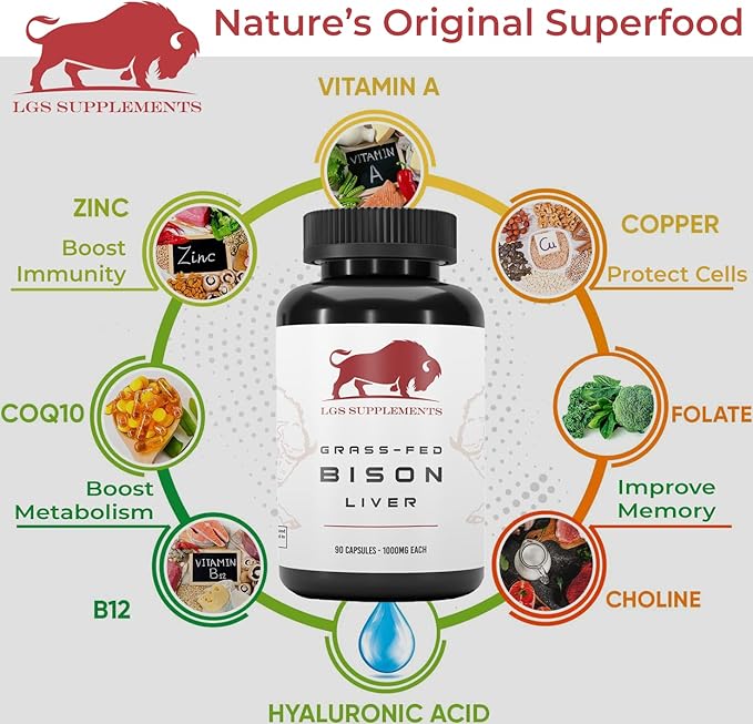 Grass Fed Bison Liver Capsules Supports Energy Production Detoxification Digestion Immunity Natural Iron Non-GMO Freeze Dried Liver Health Supplement 3000mg