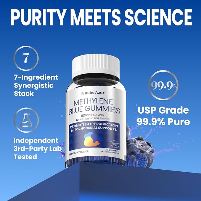 Aube'Azur Methylene Blue Gummies for Humans 14mg Methylene Blue Supplement with L-Theanine NAC Nicotinamide &amp CoQ10 for Men Women Fast-Absorbing Vegan Sugar-Free Blueberry Flavor 60 Count