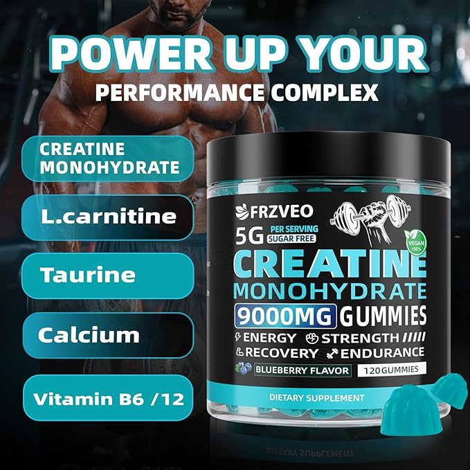 Creatine Monohydrate Gummies 9000mg for Men &amp Women Potent Creatine Supplement 5g Chewables Creatine Per Serving Pre-Workout Gummies for Enhanced Strength Energy &amp Muscle Growth - 120 Count