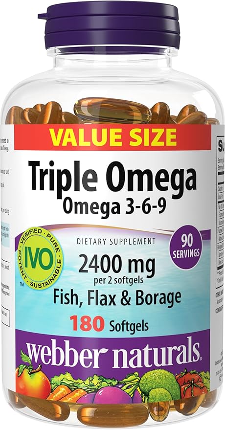 Webber Naturals Triple Omega 3-6-9 2400 mg Fish Oil Per Serving High Potency 180 Softgels No Fishy Aftertaste Ultra-Purified for Heart Brain and Cardiovascular Health Shellfish-Free