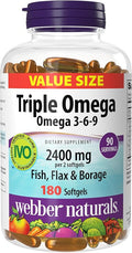 Webber Naturals Triple Omega 3-6-9 2400 mg Fish Oil Per Serving High Potency 180 Softgels No Fishy Aftertaste Ultra-Purified for Heart Brain and Cardiovascular Health Shellfish-Free