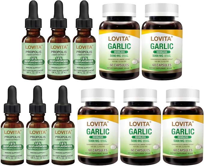 LOVITA 11-Piece Family Bundle - 6 Propolis Liquid &amp 5 Odorless Garlic Extracts Complete Circulation &amp Immune Kit