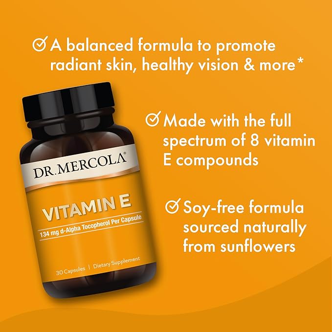 Dr. Mercola Vitamin E - Supports Healthy Skin &amp Antioxidant Status - Tocopherols and Tocotrienols Blend - Non-GMO Gluten-Free &amp Soy-Free - 30 Capsules (30 Servings)
