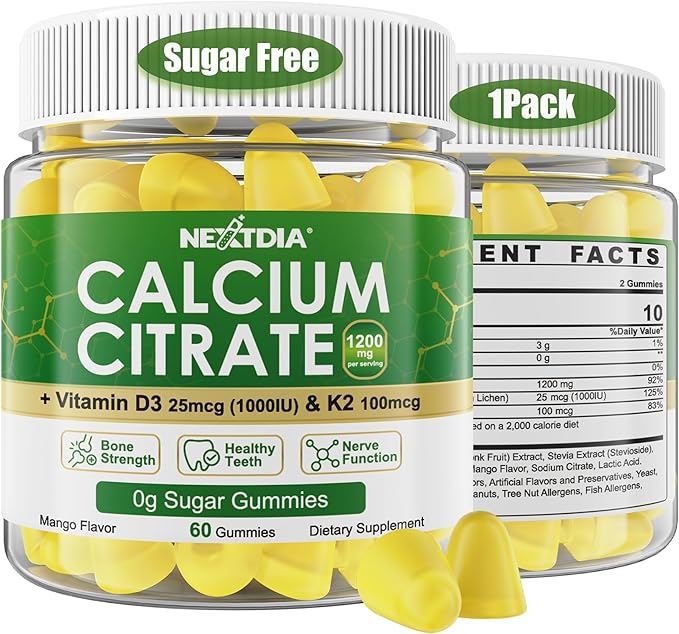 Calcium Citrate Gummies 1200mg with Vitamin D3 K2 Chewable Calcium Supplements for Women &amp Men High Potency Support B0ne Te*th Strength &amp Immune Health Mango Flavor Non-GMO Sugar Free