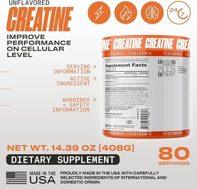 PERFORMIX - Creatine Monohydrate - 5000 mg Per Serving (5g) - Pre Workout - Increase Muscle Mass Improve Strength &amp Reduce Fatigue - Creatine Monohydrate Powder - Unflavored - 80 Servings - 400g