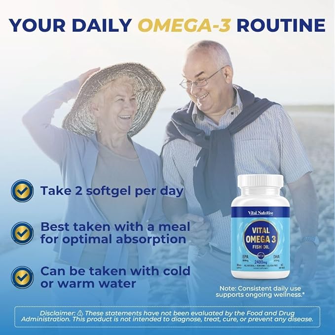 Vital Omega 3 Fish Oil Supplements 2400mg | 864mg EPA &amp 576mg DHA | 1440mg Total Omega-3 Fatty Acids | Promotes Brain &amp Heart Health | Non-GMO Gluten-Free Sugar-Free | Lemon | 30 Day Serving