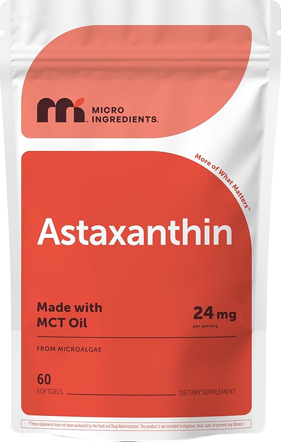 Micro Ingredients Astaxanthin 24mg with MCT Oil 60 Softgels 2 Month Supply | Max Strength Astaxanthin Antioxidant Supplements | Fresh Microalgae Source | Non-GMO Gluten Free No Soy