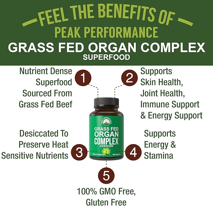 Peak Performance Grass Fed Beef Organ Complex from New Zealand (180 Capsules) Desiccated Organs Superfood Pills. GrassFed Beef Liver Capsules with Heart Kidney Pancreas Spleen. Supplement