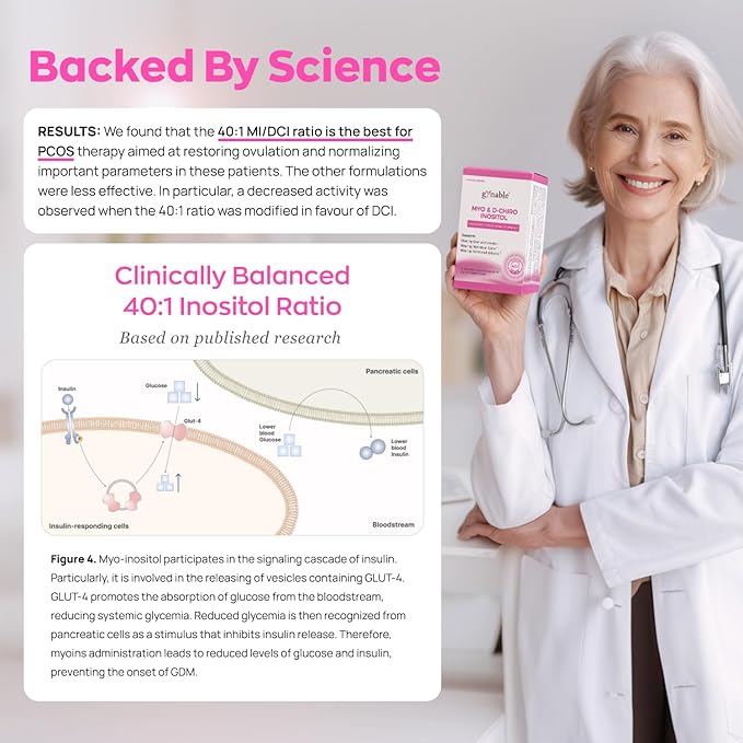 Gynable Pregina Myo-Inositol &amp D-Chiro Inositol Powder for Women - PCOS Fertility Support Hormonal Balance Regular Cycles | Patented Active Folic Acid Vegan Gluten-Free (30 Servings Peach)