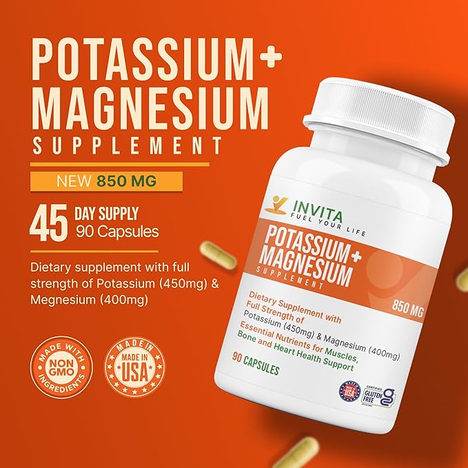 Invita Potassium Magnesium Supplement (90 Capsules) High Absorption Potassium Magnesium Complex with Aspartate &amp Chloride - Supports Cardiovascular Muscles &amp Nerve Health - Non GMO &amp Glut