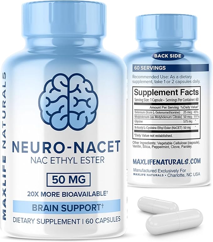 MaxLife Naturals Neuro NACET N-Acetyl L-Cysteine – 60 Capsules 20x More Bioavailable Glycine NAC Supplement N-Acetyl Cysteine Ethyl Ester with Selenium 10x Glutathione Boost for Brain &amp Lung Sup