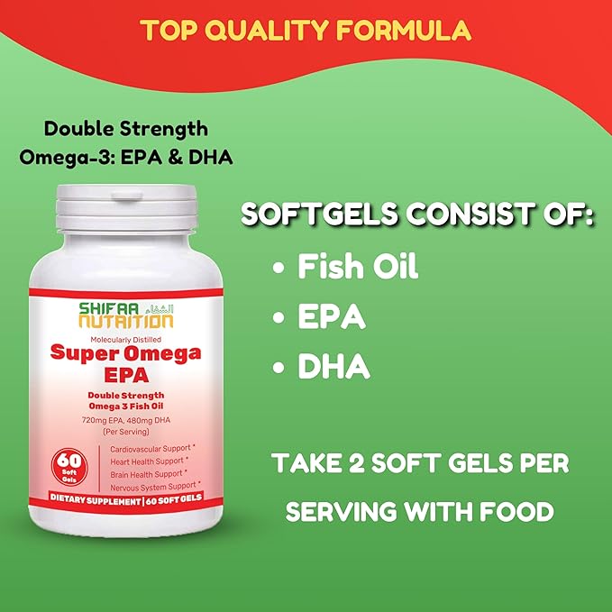 SHIFAA NUTRITION Halal Fish Oil Softgels 60 Ct Double Strength - Halal Omega 3 Fish Oil Supplements. Wild Caught Non-GMO &amp Purified