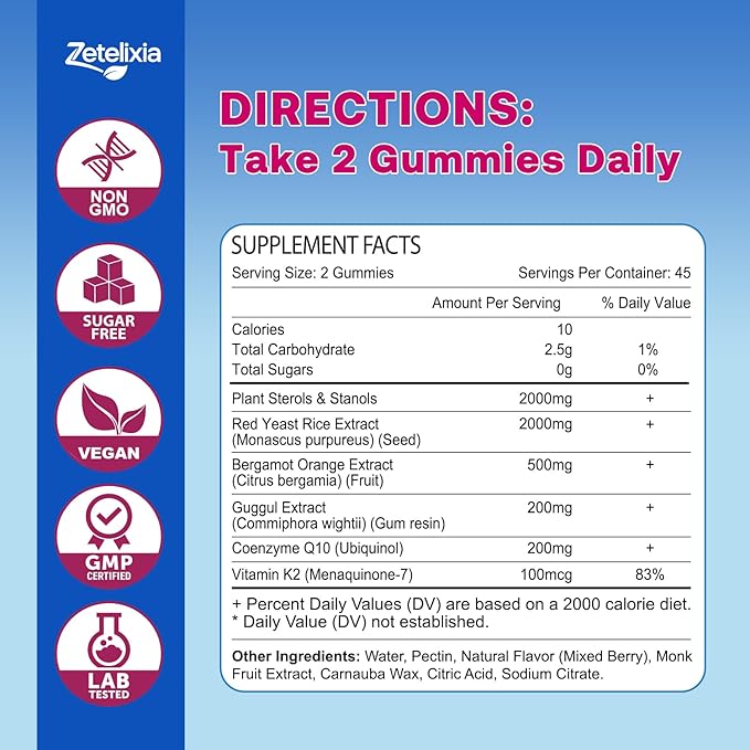 Cholesterol Gummies Cholesterol Supplements with 2000mg Plant Sterols &amp Stanols Red Yeast Rice 500mg Bergamot Orange Support Healthy Cholesterol Levels for Women &amp Men Mixed Berry Flavor