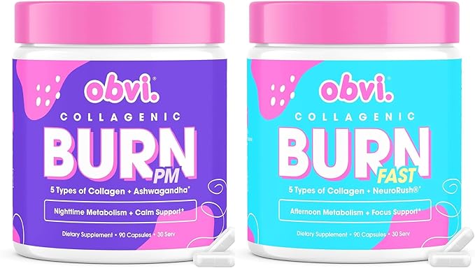 Obvi Collagenic Burn PM &amp Multi Collagen Burn Fast Bundle | Nighttime Collagen with Ashwagandha GABA Melatonin + Hydrolyzed Collagen Peptides | Keto &amp Gluten-Free