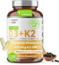 Purity Labs Vitamin D3 K2 10000 IU (250mcg) D3 + 200mcg K2 MK7 - Immune Support Supplement Enhanced with Bioperine - Supplements for Daily Defense Bone Muscle &amp Skin Health - 120 Capsules