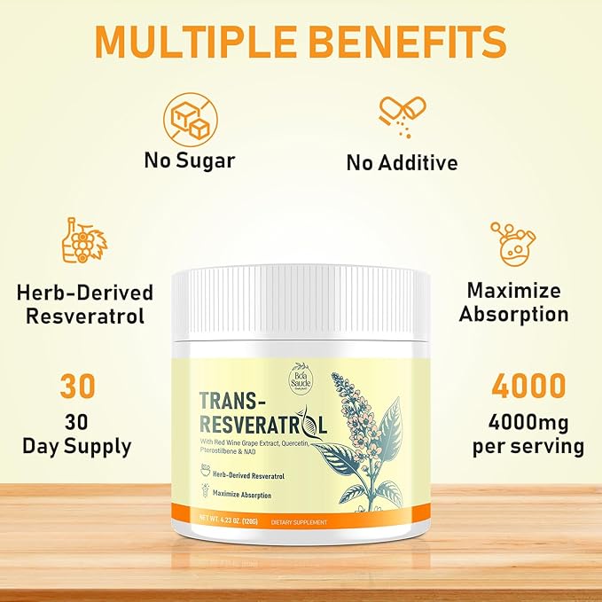 Trans-Resveratrol Powder Supplement with Red Wine Extract Quercetin Pterostilbene &amp NAD 4.23 OZ 30-Day Supply