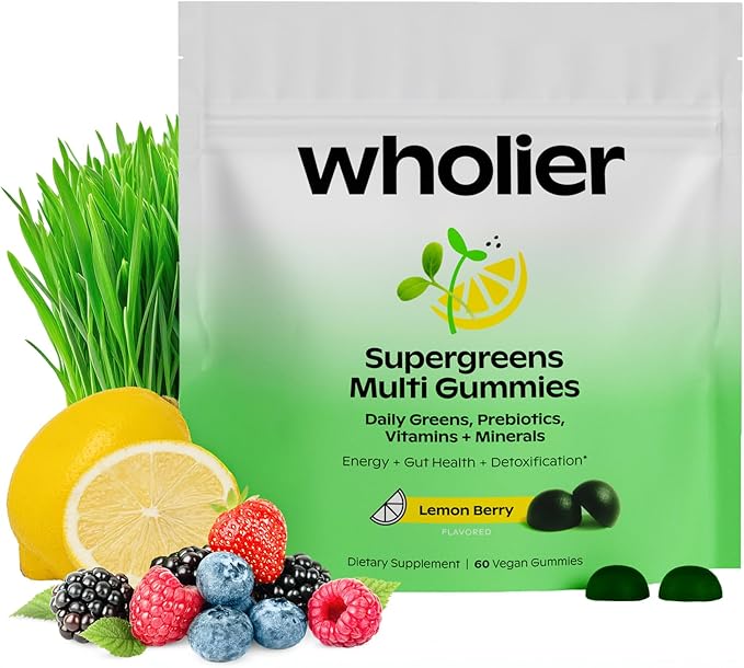 wholier Daily Supergreens Gummies Greens Supplement with Prebiotics Fiber Adaptogens Vegan Multivitamin 9 Essential Vitamins + Minerals 1g Sugar 2 Gummy Serving (60 Gummies 30 Day Supply)