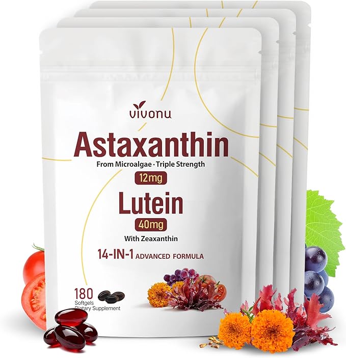 14-in-1 Astaxanthin 12mg &amp Lutein 40mg with Zeaxanthin Supplements 24 Month Supply Fresh Microalgae Source Supports Eye Skin Antioxidant Joint Circulatory Health Non-GMO Gluten Free 4 Ba