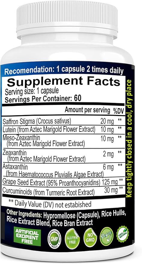 Eye Supplement | Astaxantin Saffron Lutein Zeaxanthin | Supports General Eye Health 60 Capsules