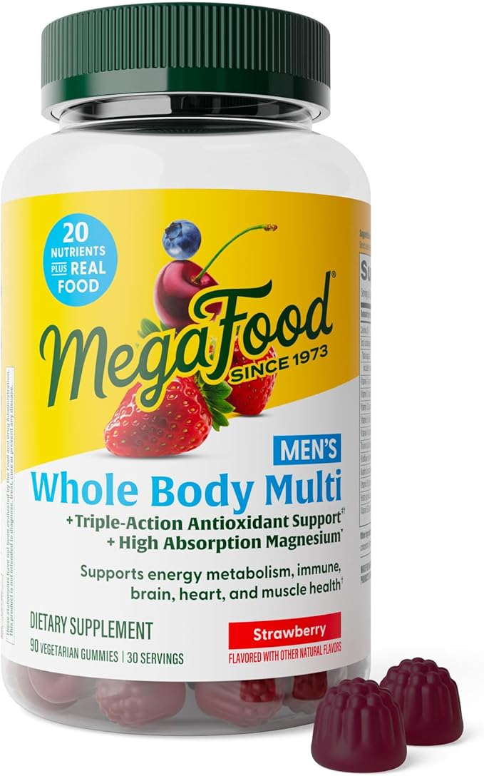 MegaFood Men’s Whole Body Multivitamin Gummies - Multivitamin For Men - Vitamin C Magnesium Citrate Vitamin D3 Methylated B12 &amp Zinc - Muscle Brain Heart Immune Support - 90 Gummies 30 Serv