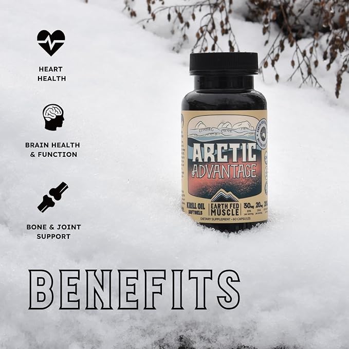 Earth Fed Muscle Arctic Advantage Krill Oil 500mg softgels Omega-3 DHA &amp EPA for Heart Brain Eye &amp Joint Health Support No Fishy Aftertaste Non-GMO Gluten-Free Antartic Krill Oil - 60 Ca