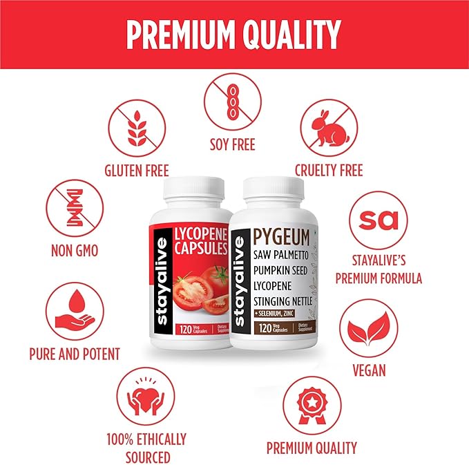 STAYALIVE Lycopene and Pygeum Bundle with Saw Palmetto Pumpkin Seed and Zinc 240 Vegan Pills Non-GMO &amp Gluten Free Men's Health Supplement