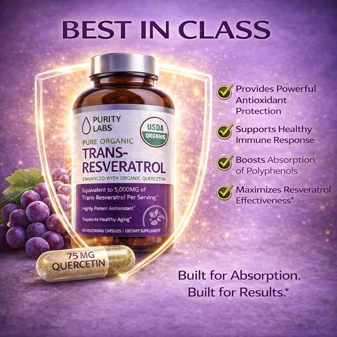 Purity Labs Trans-Resveratrol Supplement 5000 mg Equivalent per Serving with Quercetin USDA Organic High Potency Antioxidant Vegan Capsules 90 Count